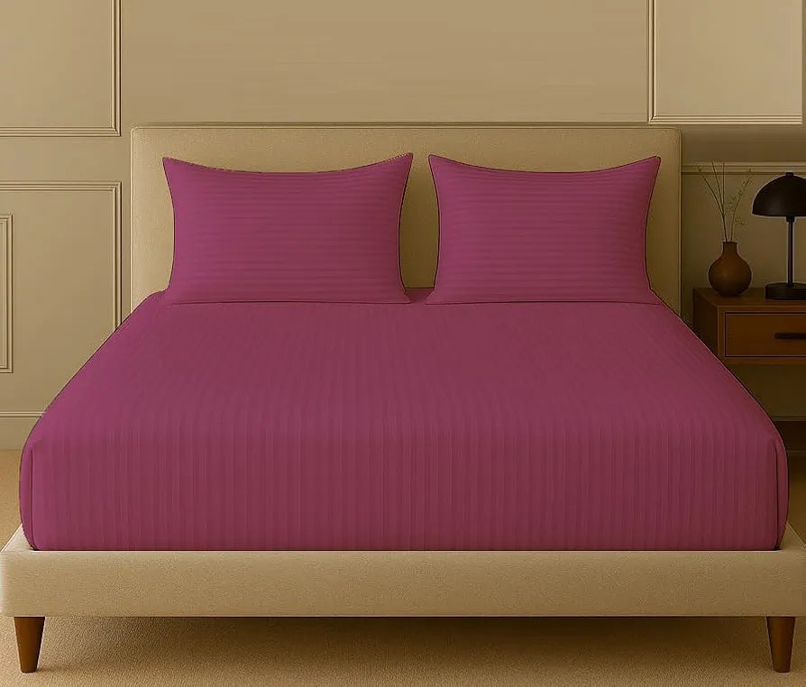 Trance Home Linen 100% Cotton 78x66 inch 200TC Satin Stripe Elastic Fitted Bedsheet Daily Use Double Bed Fitted Bedspread with 2 Pillow Covers Colour Rose Pink