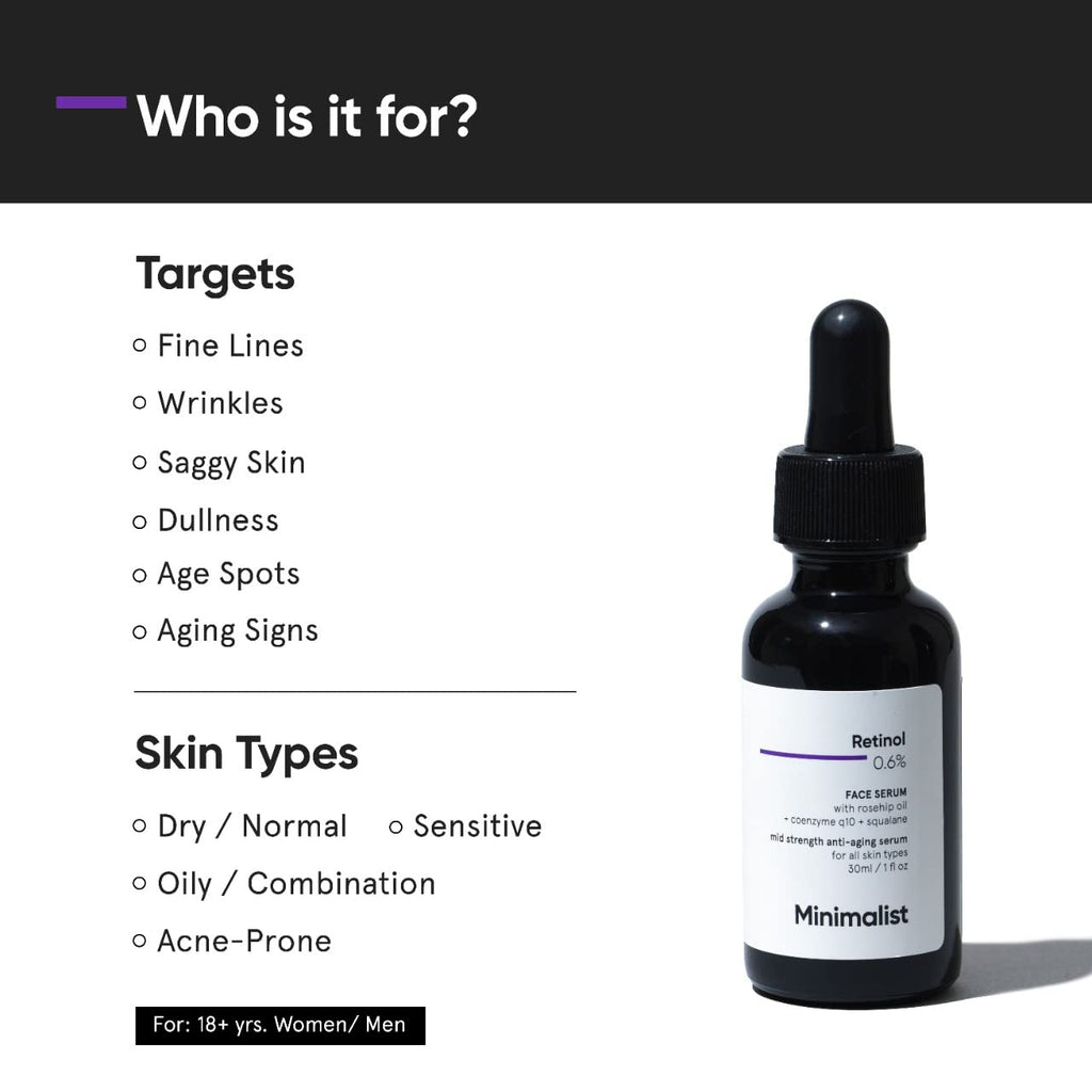Minimalist Retinol 0.6% Mid-Strength Anti Aging Face Serum For Unisex, Reduces Fine Lines & Wrinkles, Medium Strength Retinol Formula (Pack Of 1)