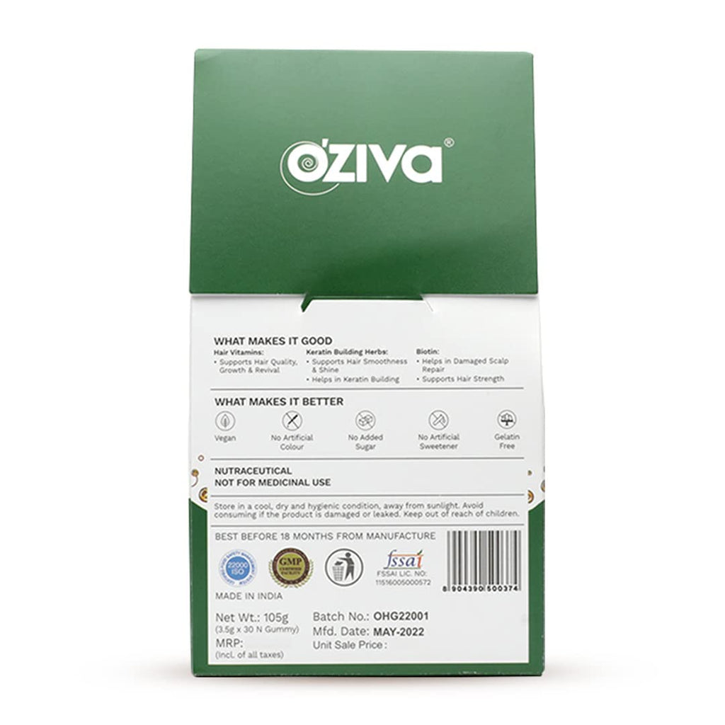 OZiva Biotin Hair Multivitamins Gummies For Stronger,Fuller,Shinier Hair|Hair Gummies With Keratin Builder,Iron&Vitamins B9,B6&D|Raw Mango Flavour|No Added Sugar (Pack Of 1,30 Gummies)