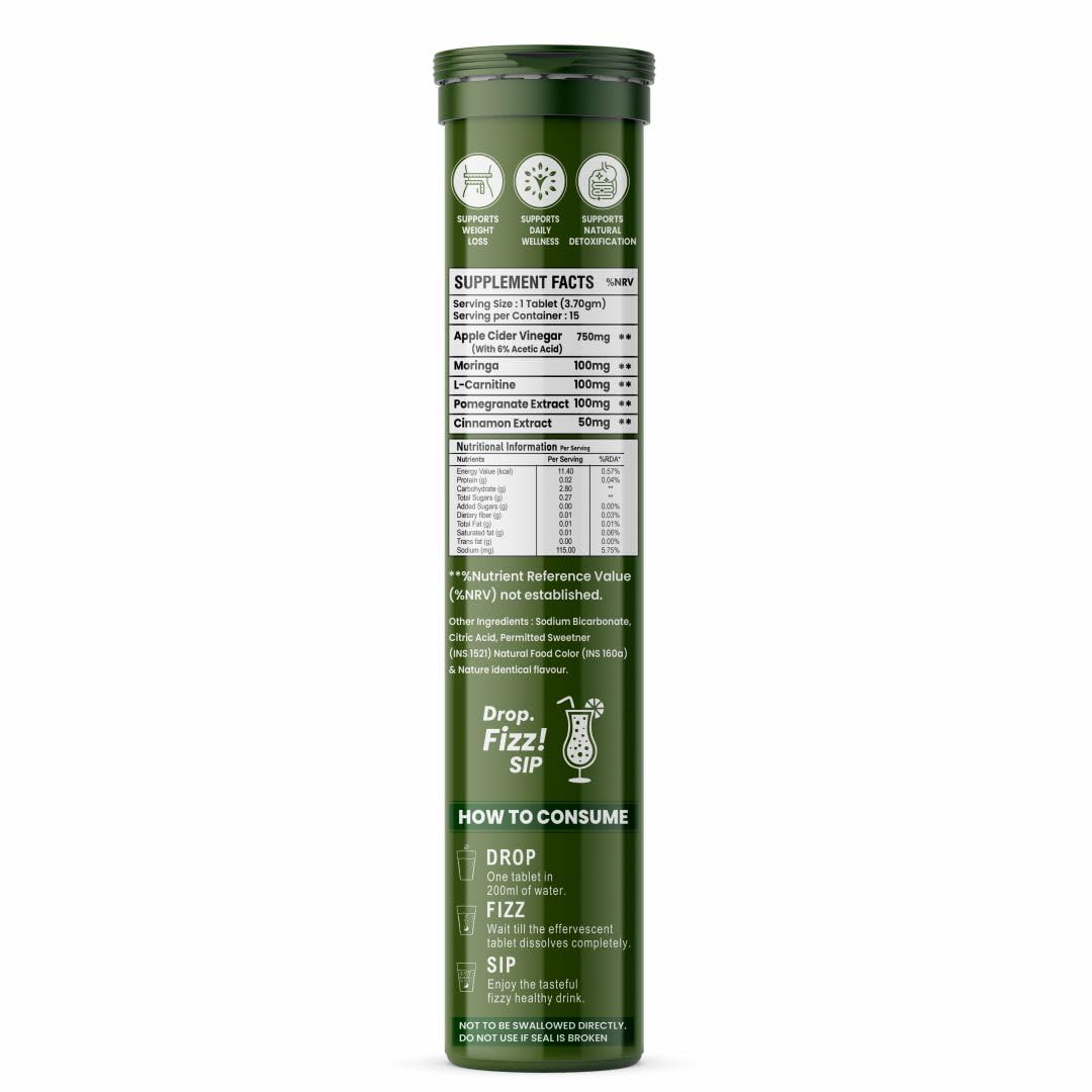 ACV Moringa 5 in 1 formula Effervescent Tablets | 15 Tablets, Pack Of 1 | With L-Carnitine Pomegranate & Cinnamon | Supports Fat Burn | Weight Loss Drink for Women, Men