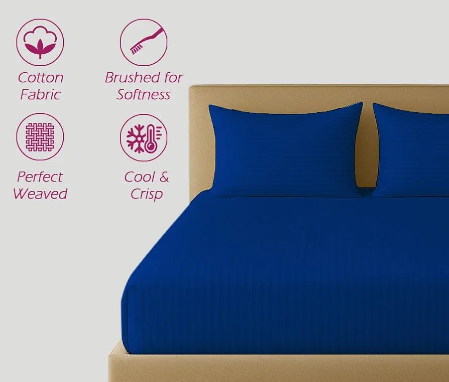 Trance Home Linen 100% Cotton 78x72 inch King Fitted 200TC Satin Stripe Elastic Fitted Bedsheet with 2 Pillow Covers Colour Ink Blue