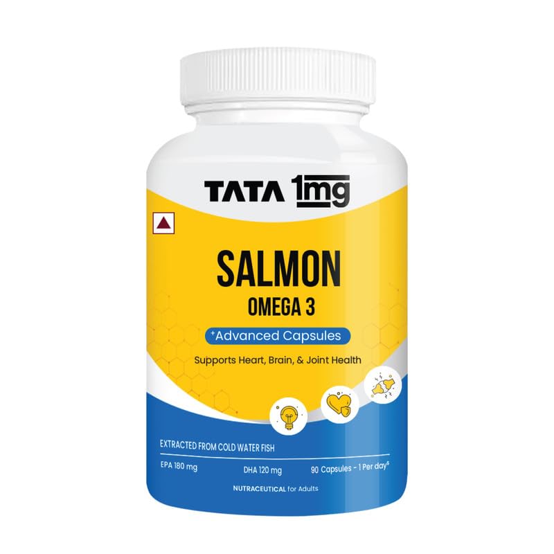 Tata 1mg Salmon Omega 3 Fish Oil Supplements 1000mg Capsules | Triglyceride form | 180mg EPA & 120mg DHA | High Absorption for Heart,Brain & Joints | Helps Manage Cholesterol