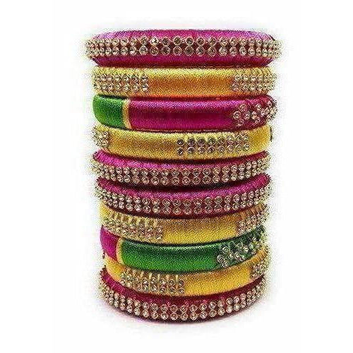 Handmade Silk Thread Colour Combination with Bangle Pink, Yellow & Green