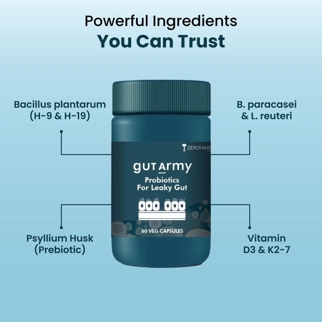 ZEROHARM Gut Army Probiotics For Leaky Gut | Gut Repair Supplements for Men & Women | L Reuteri, Lactobacillus | Supports Gastrointestinal Lining, Gut Cleanse & Digestion | 60 Veg Capsules