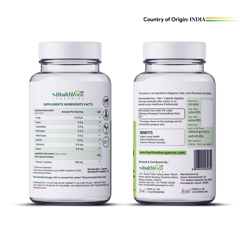 HEALTH VEDA ORGANICS PRIVATE LIMITED N - Acetyl L - Cysteine 500Mg | 60 Veg Capsules | Lungs & Respiratory Support | Immune Health | For Both Men & WomenÂ¦
