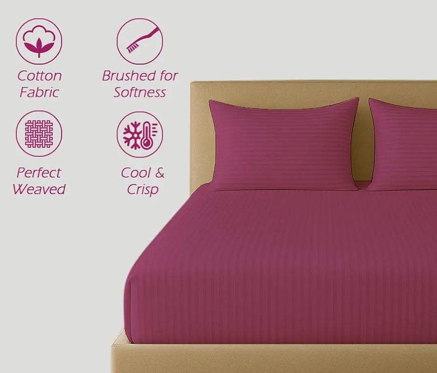 Trance Home Linen 100% Cotton 78x60 inch Queen Fitted 200TC Satin Stripe Elastic Fitted Bedsheet with 2 Pillow Covers Colour Rose Pink