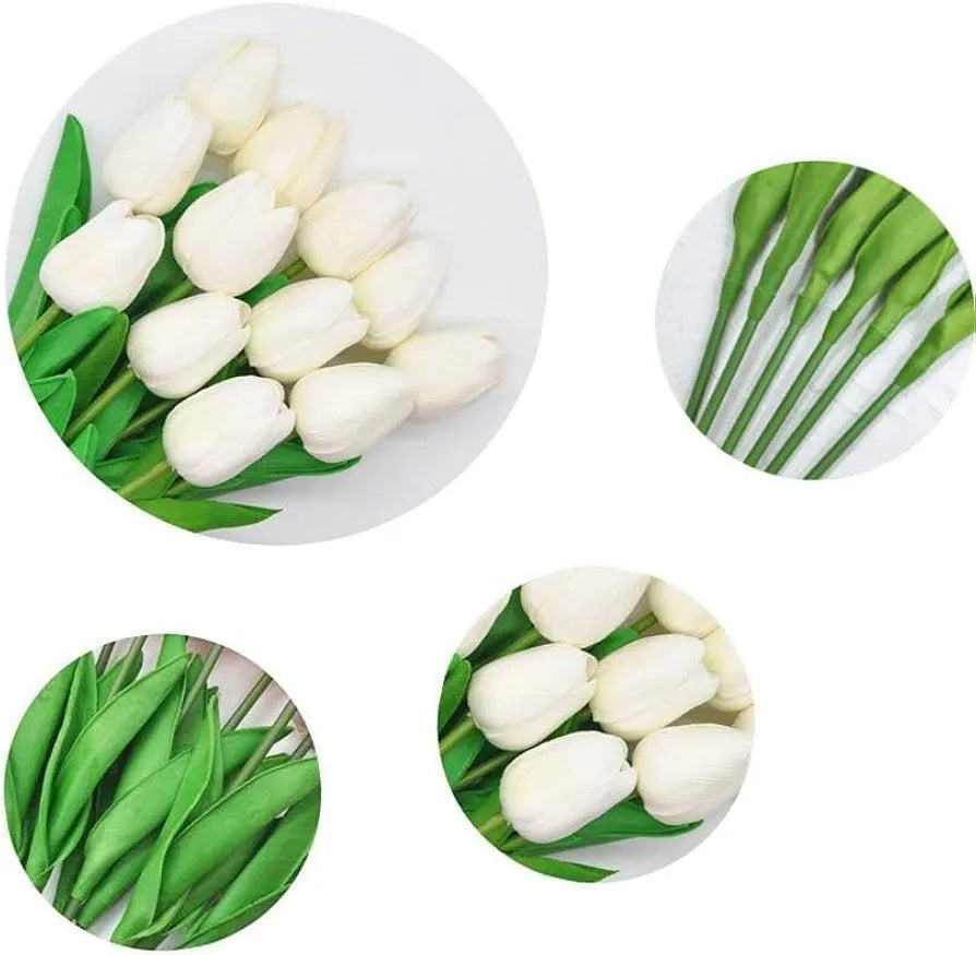 Single Stem Real Pu Touched Artificial Tulips 10 Pcs Arrangement Bouquet with Glorious Moral White