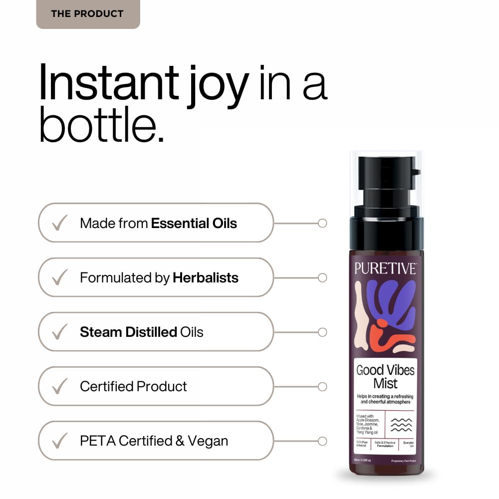 PURETIVE GOOD VIBES Plant Therapy Scent Mist | Body+Linen+Room | 100% Therapeutic Scent Mist with Essential Oil | Uplifts mood & Creates a Soothing Environment | 100ml
