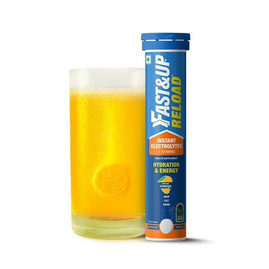 Fast&Up Reload (5 Litres) Low Sugar energy drink for Instant Hydration - 20 Effervescent Tablets with all 5 Essential Electrolytes + Added Vitamins - Certified Electrolytes Drink - Mango flavour