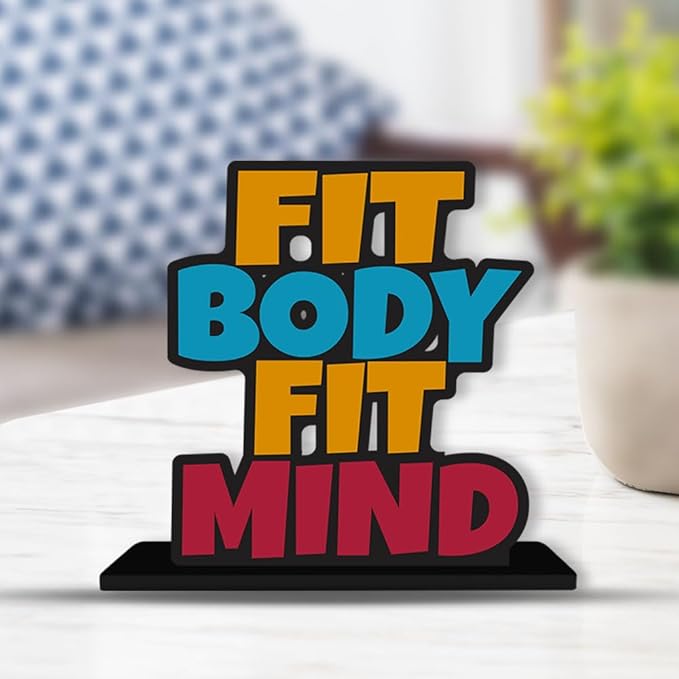 Artvibes Wooden Idols and Figurine Fit Body Fit Mind Fitness Positive Quotes Table Decor for Office Desk Showpiece