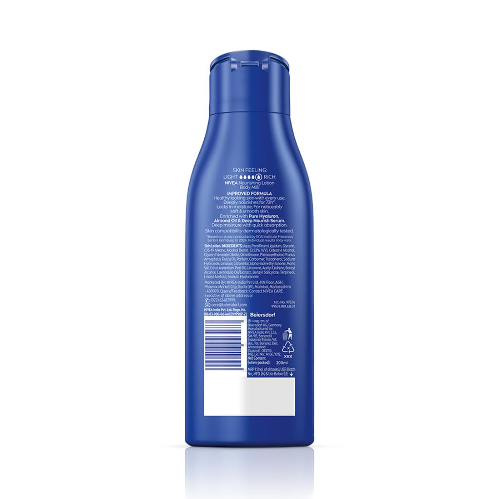 NIVEA Nourishing Body Milk 200ml Body Lotion with Deep Moisture Serum | 48 H Moisturization | With 2X Almond Oil | Smooth and Healthy Looking Skin |For Very Dry Skin
