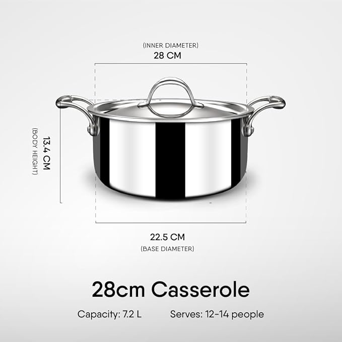 Stahl Artisan Triply Stainless Steel Sauce Pot/ Casserole With Glass Lid | Induction Pot | Briyani Pot/ Handi | 7.2 Litres | 28 Cm
