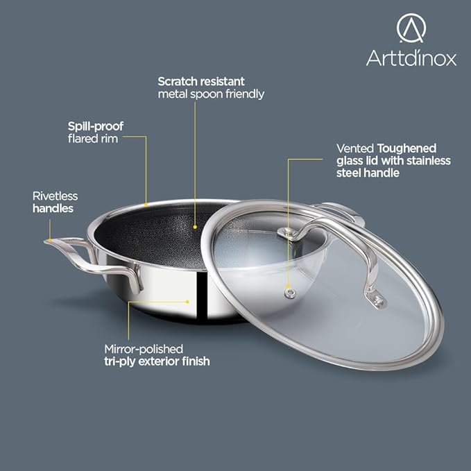 Arttdinox Stellar Triply Stainless Steel Kadhai With Lid | Non Stick Kadai | 24cm | 2.7ltrs | Silver