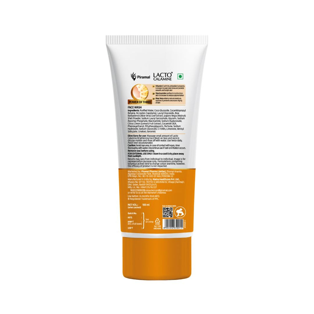 Lacto Calamine Vitamin C Face Wash | Pack of 1 x 100ml | Aloe Vera & Niacinamide Face Wash for Glowing Skin | Facewash that Exfoliates Skin & Reduces Pigmentation | No Parabens, No Sulphates