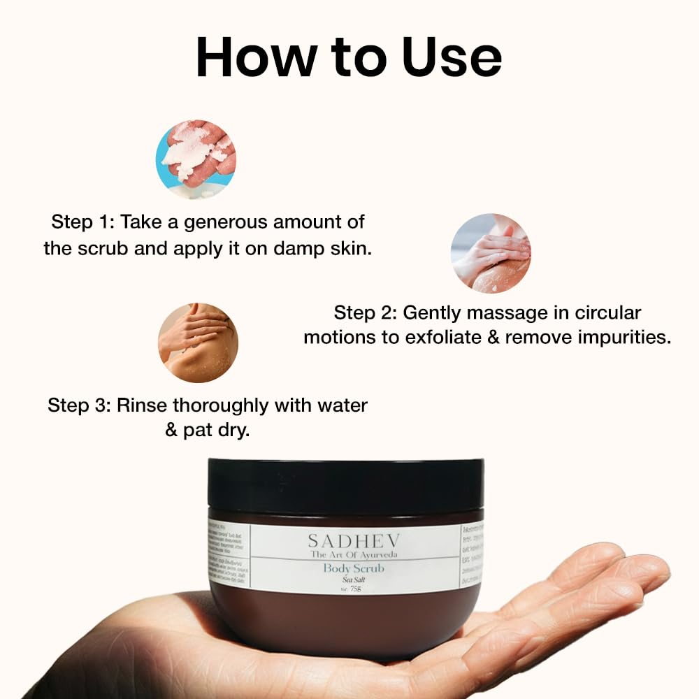 Sadhev Ayurvedic Sea Salt Body Scrub | Exfoliates, Detoxifies & Revitalizes | Enriched with Coconut Oil & Aloe Vera | For Smooth, Radiant Skin | All Skin Types (75g)