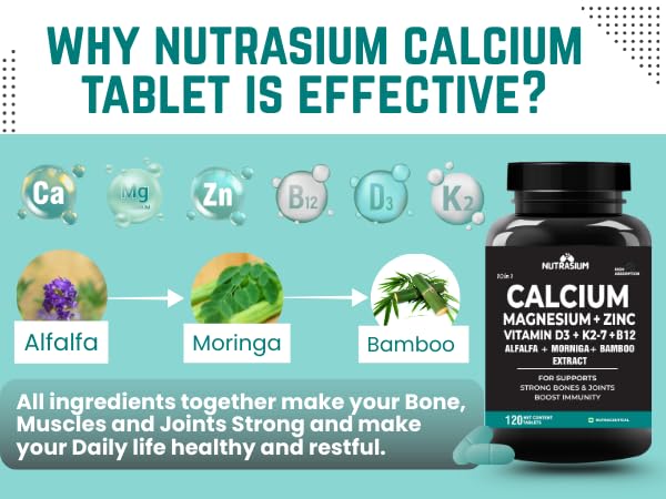 Nutrasium | Calcium & Vitamin D3 Tablets | Calcium Magnesium Zinc D3 & K2 with B12 & Folic Acid | Alfalfa, Moringa & Bamboo Leaves Extract | For Strong Bone & Joint Support | 60 Tablets