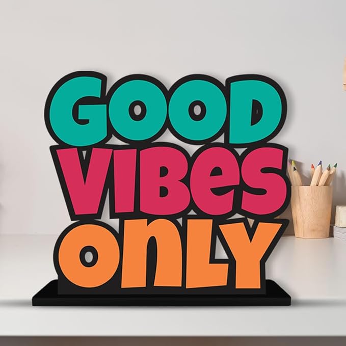 Artvibes Wooden Idols and Figurine Good Vibes Only Motivational Quotes Table Decoration for Office Desk | Home Decor Item