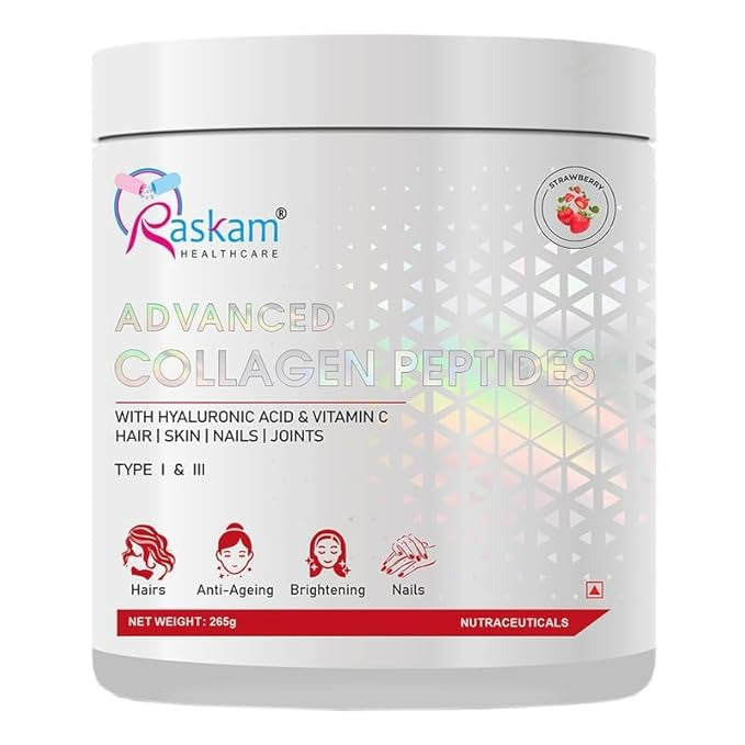 Raskam Advanced Peptide Collagen Powder Type 1 & 3 Collagen Peptides Powder Stawberry - 265 gms