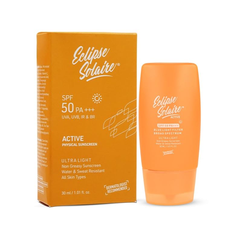 YUDERMA Eclipse Solaire Active Sunscreen SPF 50 PA+++ | No White Cast | Broad Spectrum UVA/UVB/IR & Blue Light Shield | Lightweight, Non-Greasy Formula for All Skin Types â€“ 30ml