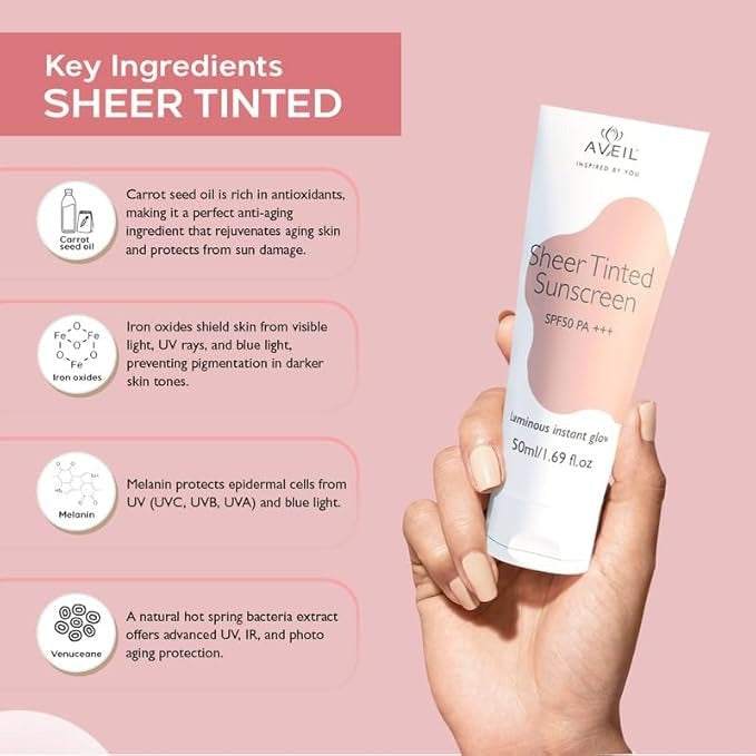 Aveil Sheer Tinted Sunscreen SPF 50 PA +++ - 50 ml (Pack of 2)