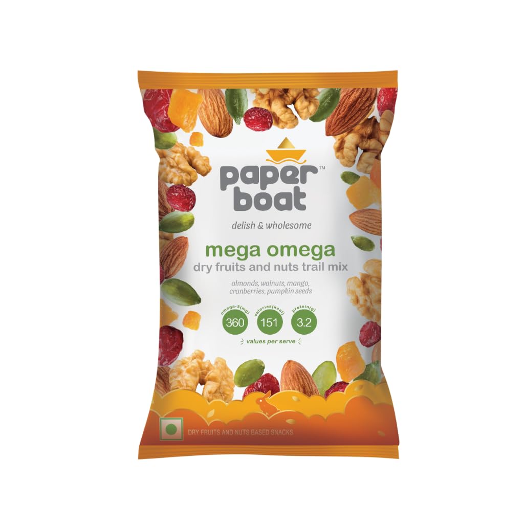 Paper Boat Mega Omega Dry Fruits Mix, Premium Trail Mix with Omega 3 | Healthy Mixed Nuts with Almonds | Walnuts | Cranberry | Pumpkin Seeds (Pack of 10, 30g each)