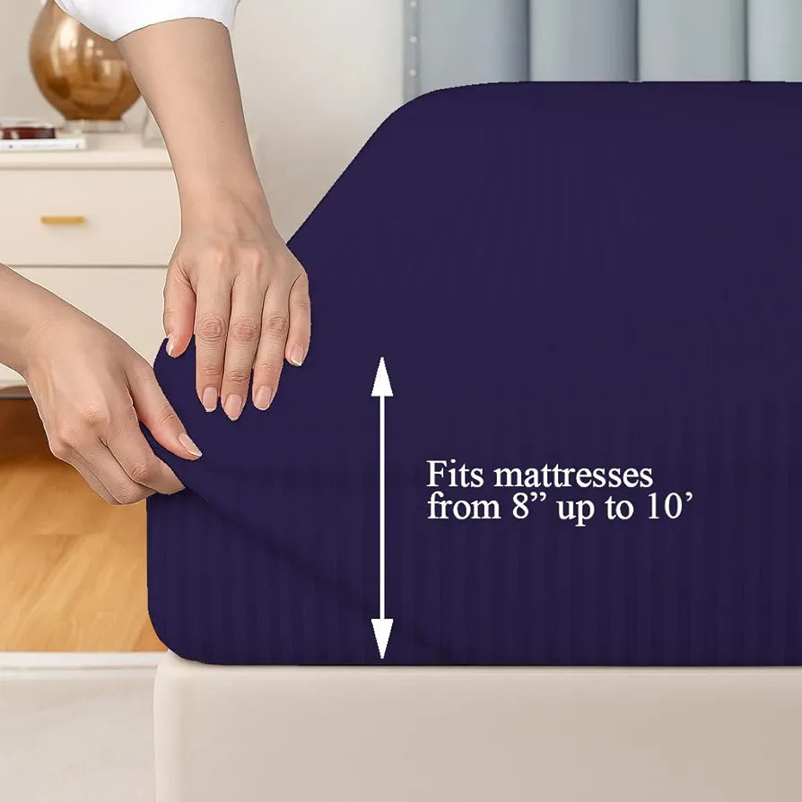 Trance Home Linen 100% Cotton 78x72 inch King Fitted 200TC Satin Stripe Elastic Fitted Bedsheet with 2 Pillow Covers Colour Dark Purple