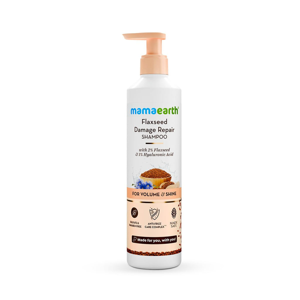 Mamaearth Flaxseed Damage Repair Shampoo with 2% Flaxseed, 1% Hyaluronic Acid, Ceramides for Volume & Shine | 100% Damage Repair | Soft, Smooth & Shiny Hair | Dry & Frizzy Hair | Sulphate & Paraben Free | 250 ml