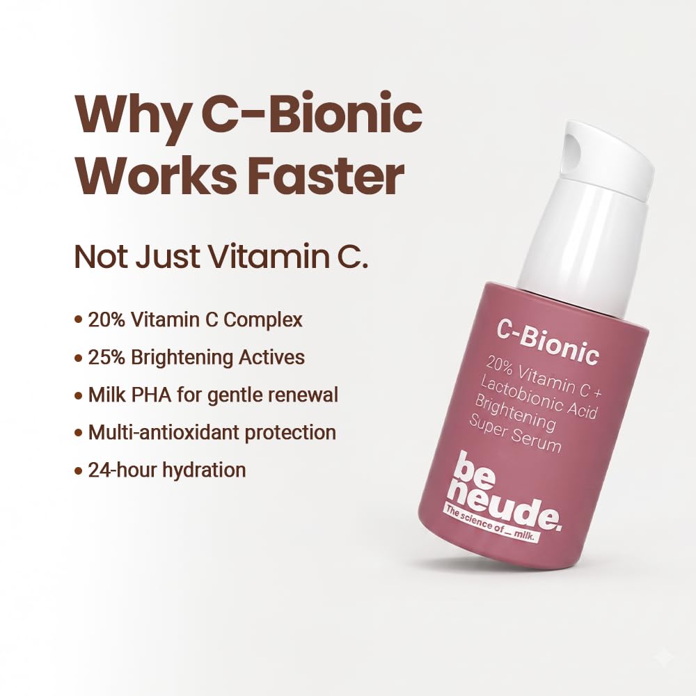 Be Neude C-Bionic 20% Vitamin C Serum 30ml with Lactobionic Acid for Face Brightening & 24hrs Hydration with Vitamin E Red Algae Gel Kakadu Plum Glutathione for All Skin Types & Sensitive Skin Friendly