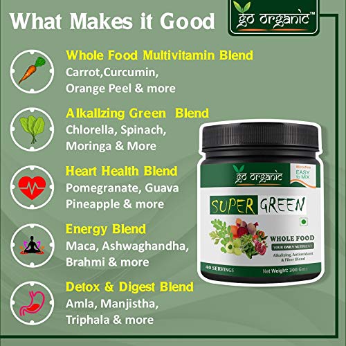 Go Organic Super Green powder Supergreens Raw Plant-Based Nutrition, Organic Spirulina, Chlorella, Acerola & Other Alkalizing And Antioxidant Fruits & Vegetables, Lemongrass & Stevia 300Gm
