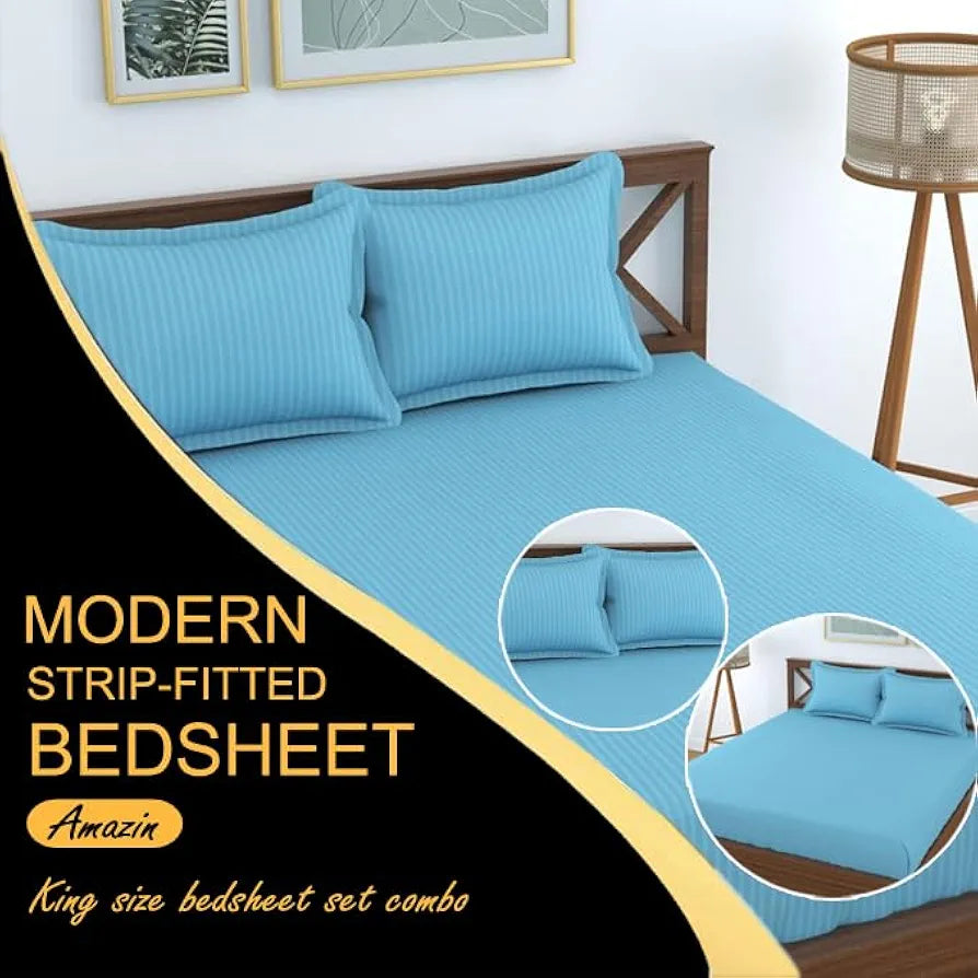 Fresh From Loom Satin Striped Soft Fitted Bedsheet King Size Bed with Two Pillow Cover Elastic Fitted Bed Sheets 240 TC Blue
