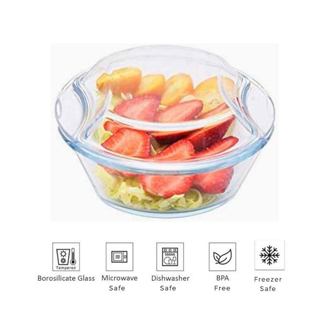 Femora Borosilicate Serving Bowl | Glass Casserole Set, Glass Bowl With Lid, Microwave Safe Bowl Set | 1000 Ml