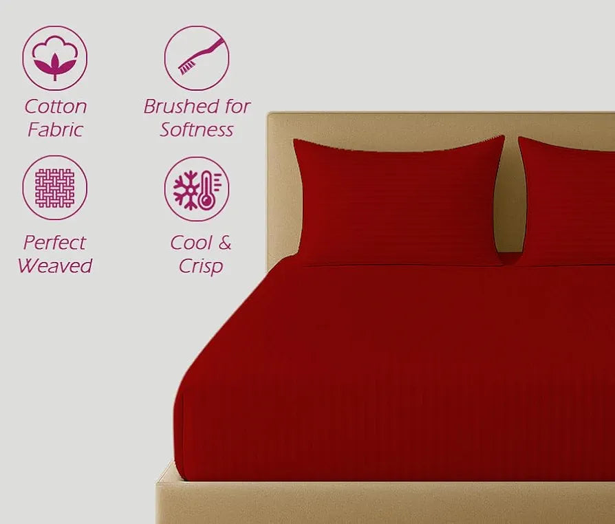 Trance Home Linen 100% Cotton 78x60 inch Queen Fitted 200TC Satin Stripe Elastic Fitted Bedsheet with 2 Pillow Covers Colour Bright Red