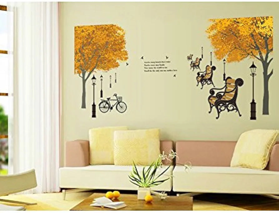 Decals Design Trees in Autumn Antique Lamps Benches Bicycle and Love Quote Wall Sticker
