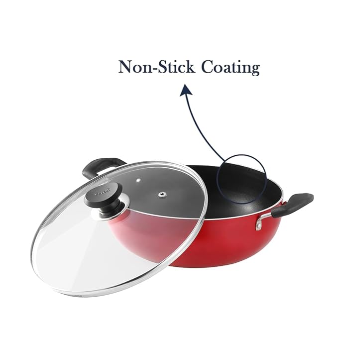 Vinod Zest Inducto Non Stick Deep Kadhai with Glass Lid - 3.1 Litre, 24cm | 3mm Thick | 3 Layer Coating