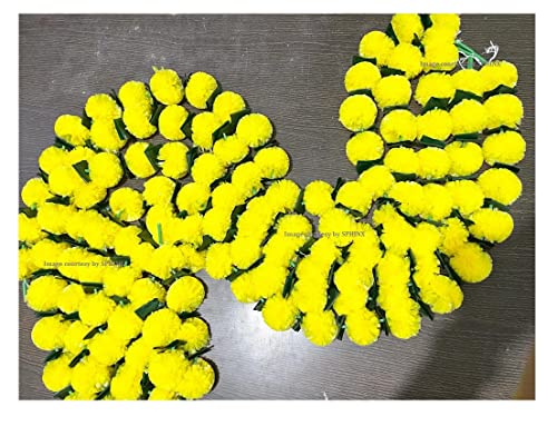 Artificial Marigold Fluffy Flowers Garlands Pack of 5 Yellow with Green Leaves 5 ft