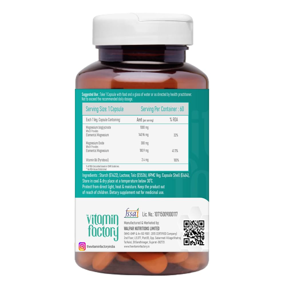 The Vitamin Factory Magnesium Bisglycinate Supplement - High Absorption Magnesium Supplements For Both Men & Women, Supports Sleep, Muscles & Nerve Health Supplements, 60 Vegetable Capsules