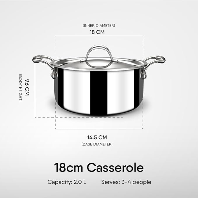 Stahl Artisan Triply Stainless Steel Sauce Pot/ Casserole With  Glass Lid | Induction Pot | Briyani Pot/ Handi | 2 L | 18 Cm