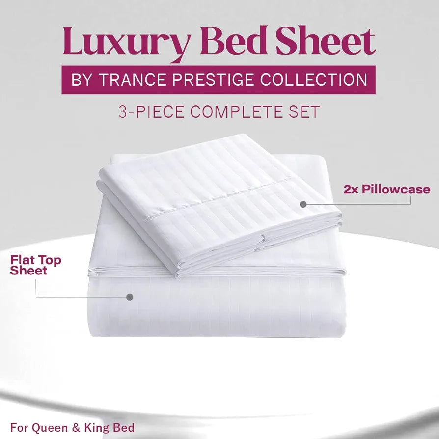 Trance Home Linen 400 TC 100% Cotton Queen Sheet Set 4pcs -1 Fitted Sheet +1 Flat Sheet and 2 Pillow Covers Colour White Stripes