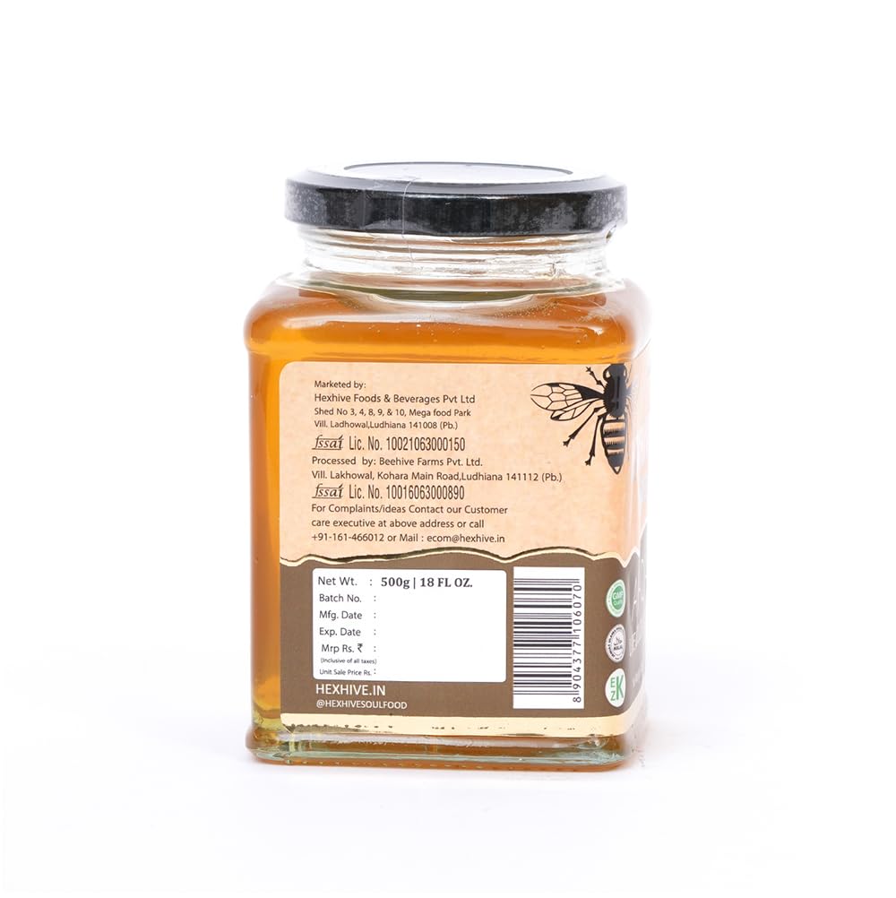 Hexhive Acacia Lite Colour Honey | Pure Organic Honey from Acacia Blossoms | Light & Mild Taste | Low Crystallisation | Natural Sweetener for Milk, Coffee, Tea, Breakfast | Octagon Glass Jar | 500g