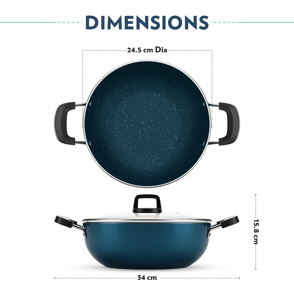 Borosil Prochef Non-stick Aluminum Kadhai With Lid 24 Cm | Gas Stove Compatible | Thick Uniform Body for Even Heating | Dishwasher Safe