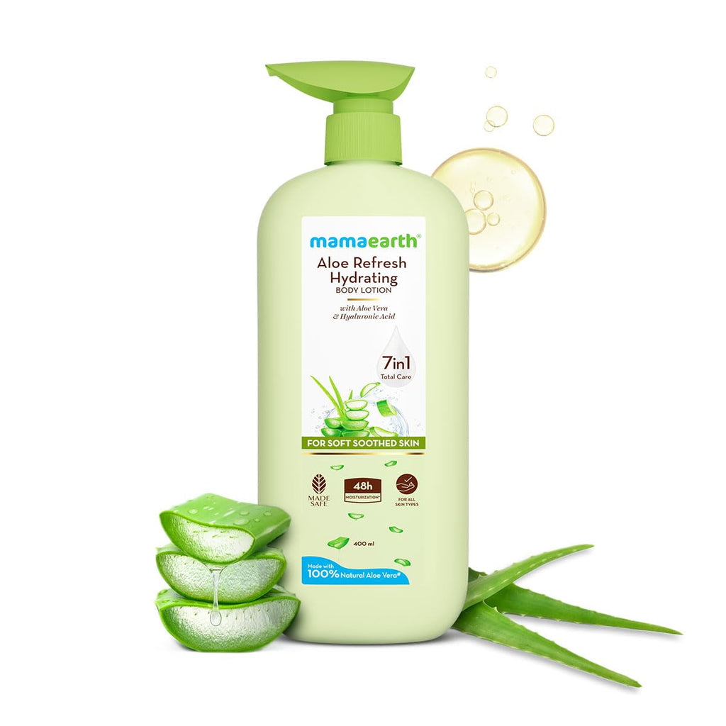 Mamaearth Aloe Refresh Hydrating Body Lotion with Aloe Vera & HA for Soft Soothed Skin 400ml | 48H Moisturization in Summer| 100% Natural Aloe Vera| Lightweight, Non-Sticky Smooth Skin| All Skin Types