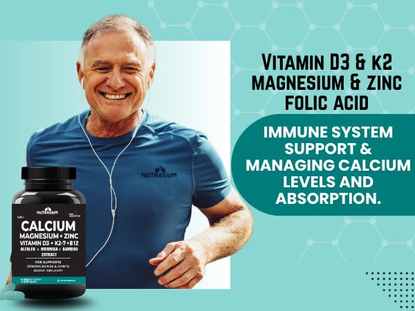Nutrasium | Calcium & Vitamin D3 Tablets | Calcium Magnesium Zinc D3 & K2 with B12 & Folic Acid | Alfalfa, Moringa & Bamboo Leaves Extract | For Strong Bone & Joint Support | 120 Tablets