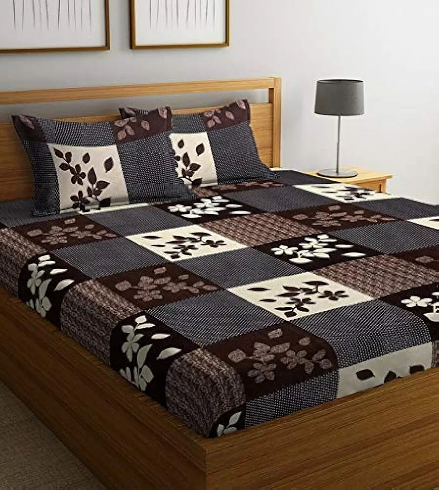 Starnstyle Polycotton 220 TC Floral Printed King Size Double Bedsheet with 2 Pillow Covers,  Brown