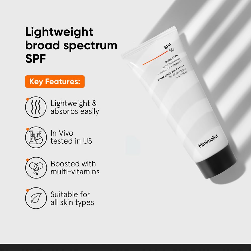 Minimalist Sunscreen SPF 50 PA+++ with Niacinamide & Multi-Vitamins | Clinically Tested in US (In-Vivo) | Lightweight with Multi-Vitamins | No White Cast | Broad Spectrum | Face Sunscreen for Men & Women
