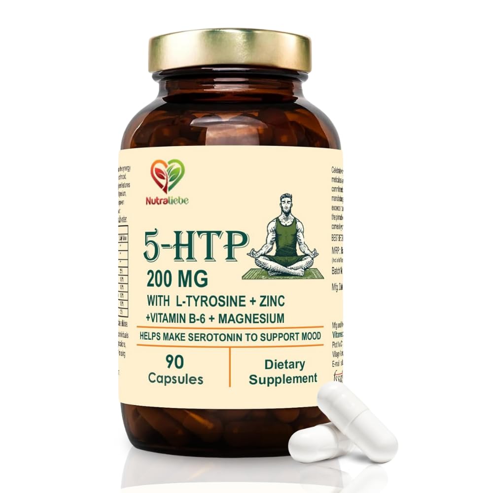 Nutraliebe 5-HTP 200mg with L-Tyrosine, Zinc, Vitamins B6 & B9, Magnesium, Ashwagandha, Green Tea Extract - 90 Capsules for Mood, Relaxation, and Cognitive Support