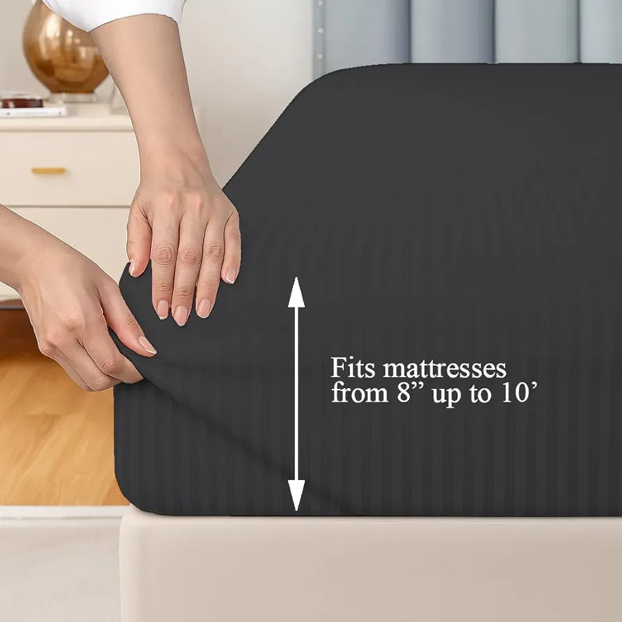 Trance Home Linen 100% Cotton 72x60 inch 200TC Satin Stripe Elastic Fitted Bedsheet with 2 Pillow Covers Colour Dark Grey