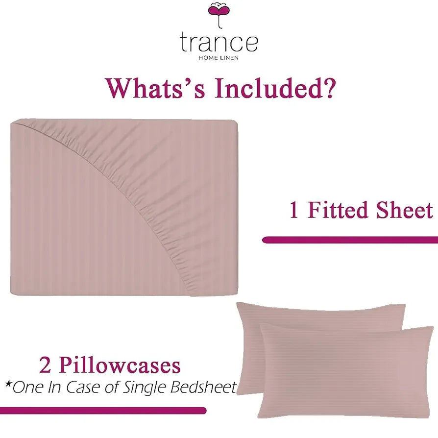 Trance Home Linen 100% Cotton 78x60 inch Queen Fitted 200TC Satin Stripe Elastic Fitted Bedsheet with 2 Pillow Covers Colour Cameo Rose