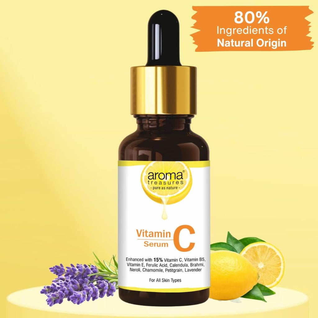 Aroma Treasures Vitamin C Face Serum for Glowing Skin with 15% Vitamin C, Ferulic Acid, Aloe Vera & Essential Oils – Brightens, Hydrates & Reduces Dark Spots – For All Skin Types – 30ml