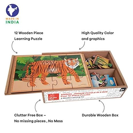 Skillofun Wooden Animal Jigsaw Puzzles in a Box 4 Puzzles Storage Box with Lid