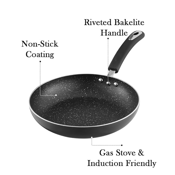 Vinod Zest Marbilo Aluminium Non Stick Frypan - 22 cm | Skillet Pan | 3 mm Thick | 5 Layer Coating | Stain Resistant |Stay Cool Handle